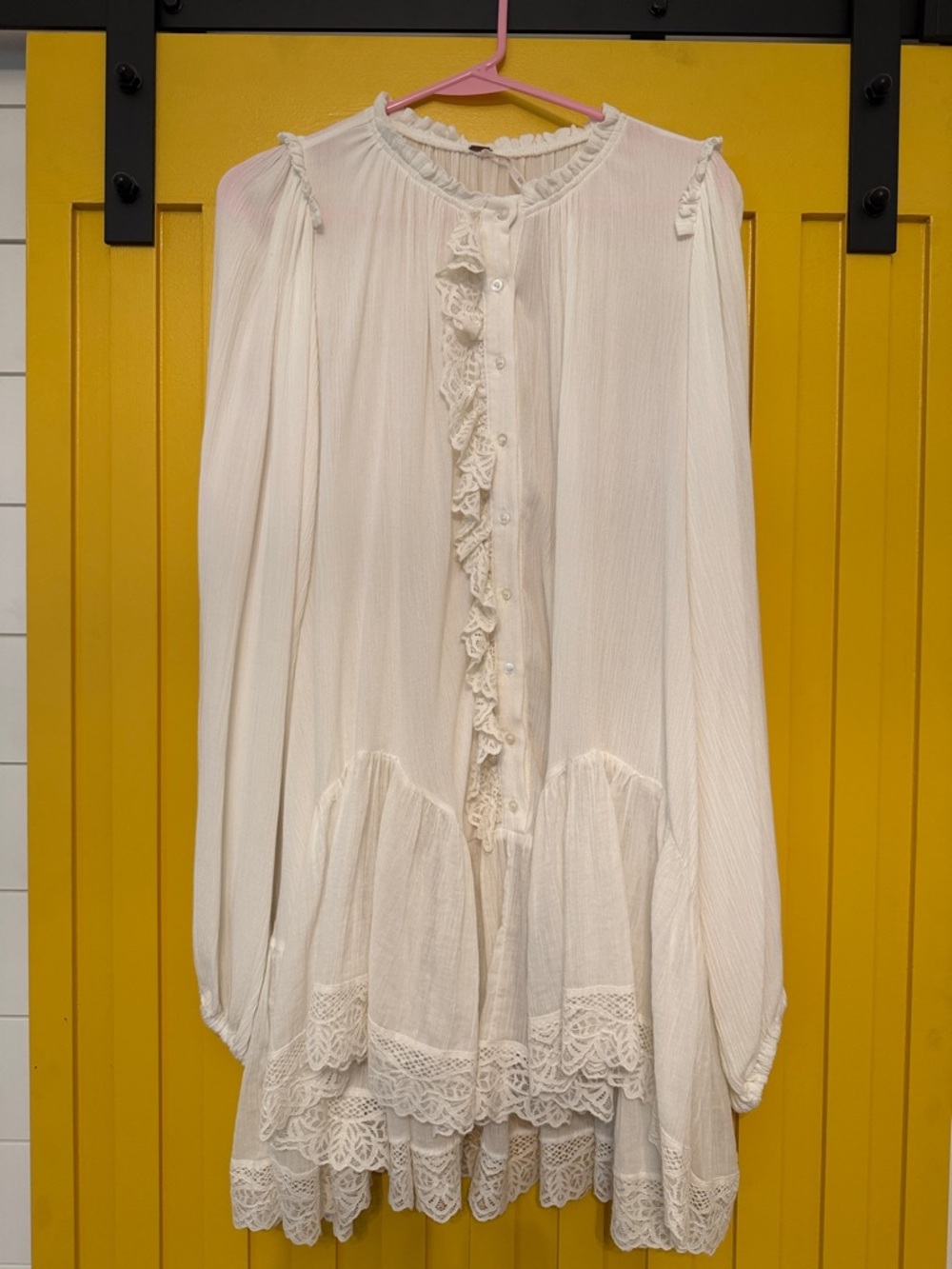 Free People Cream Ruffle-Front Lace Hem Blouse